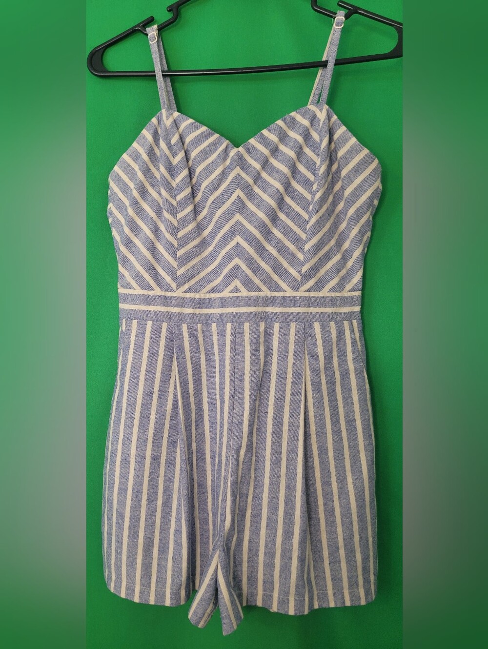 Jealous Tomato Blue White Striped Women One-Piece Zip Up Romper Outfit Linen S